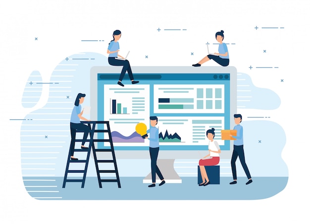 teamwork mini workers with computer and icons
