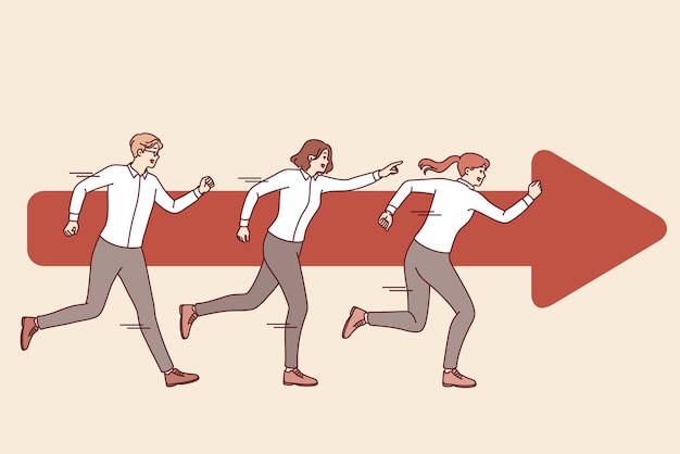 teamwork of business people running together near arrow and striving to quickly achieve goal