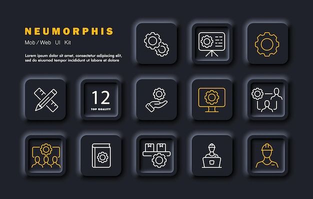 Teamwork set icon Gear presentation system work contractor setup computer work pencil and ruler literature computer Work optimization concept Neomorphism style Vector line icon