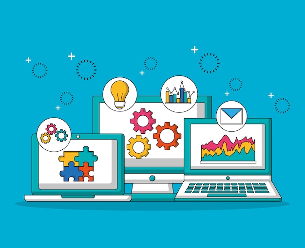 teamwork technology devices gears tools vector illustration