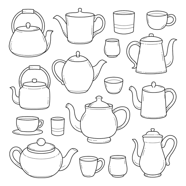 Teapot and cup doodle hand drawn objects sketch vector