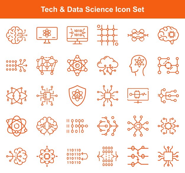 Tech and Data Science Icons Brain Monitor Binary Code Cloud Atom Neural Networks