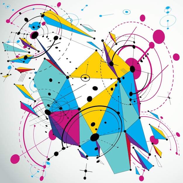 Technical abstraction created with Bauhaus style elements and low poly shattered object with different asymmetric particles. Modern geometric composition can be used as templates and layouts.