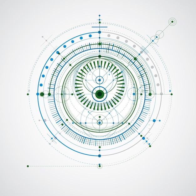 Technical blueprint, blue and green vector digital background with geometric design elements, circles. Illustration of engineering system, abstract technological backdrop.