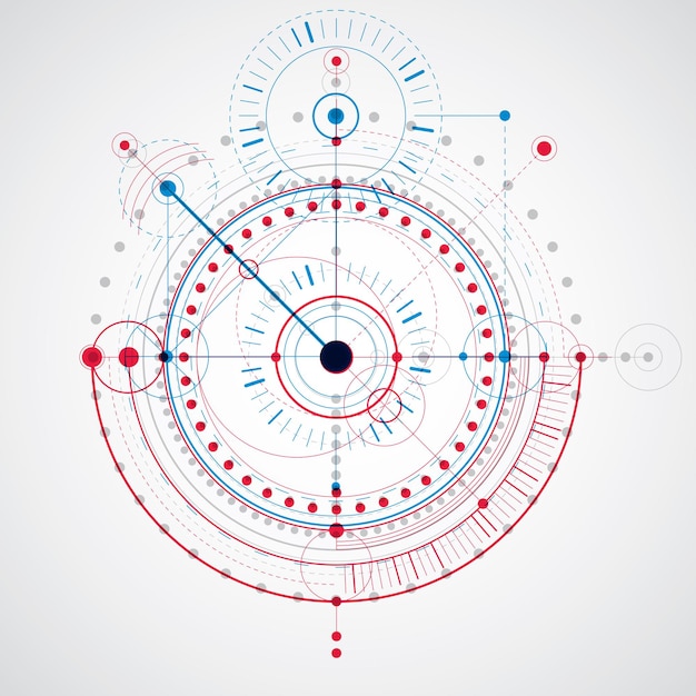 Technical drawing made using dashed lines and geometric circles. Blue and red vector wallpaper created in communications technology style, engine design.