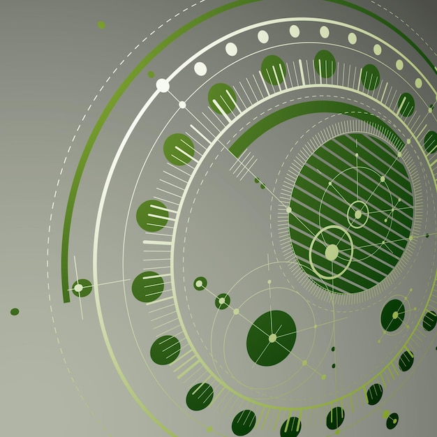 Technical drawing made using dashed lines and geometric circles. Green perspective vector wallpaper created in communications technology style, 3d engine design.