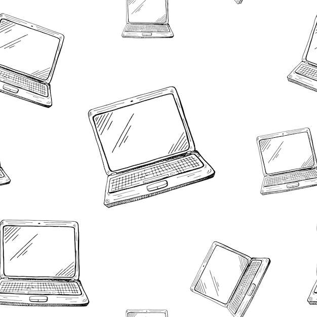 Technical pattern. Hand drawn, sketch style computers and laptops on white background. Seamless vector backdrop.