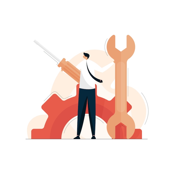 Vector technical support person with wrench and screwdriver, repair service, maintenance
