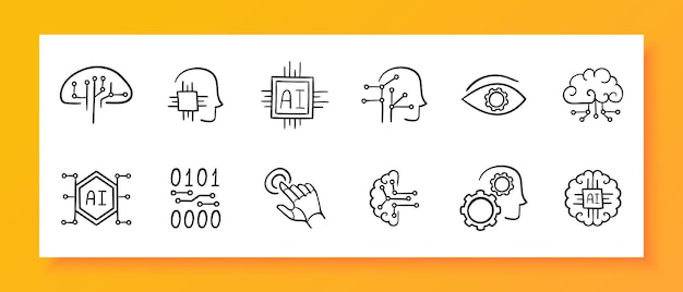 Technologies icon set Gear monitor cloud storage artificial intelligence information neural network robot Black icon on a white background Vector line icon for business and advertising