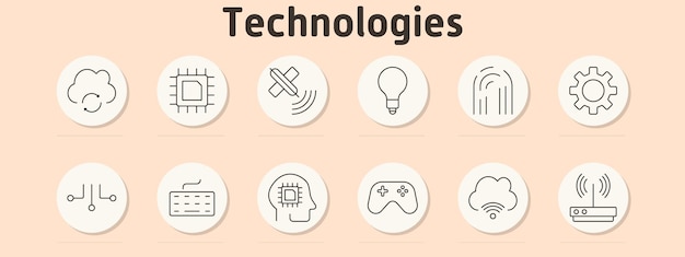 Technologies set icon Cloud processor crossed satellites light bulb fingerprint gear circuit keyboard AI head game controller wireless connection router