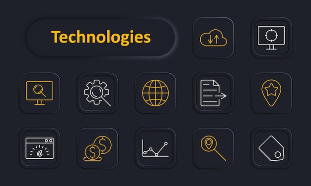 Technologies set icon Cloud upload cloud server computer search gear search globe document location pin speedometer dollar coins graph Internet IT digital solutions concept