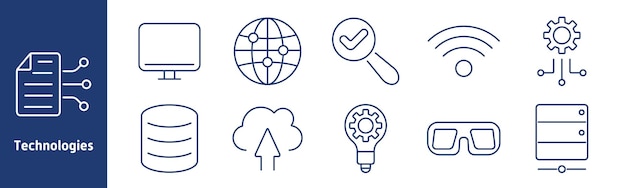 Technologies set icon Document monitor globe magnifying glass wifi database cloud upload gear glasses server Represent networking cloud computing and IT solutions