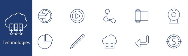 Technologies set icon Globe play button share camera webcam pie chart pencil cloud Network digital online concept