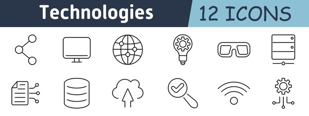 Technologies set icon Network link desktop global map innovation smart glasses server data transfer database cloud upload search check wireless connection engineering gear
