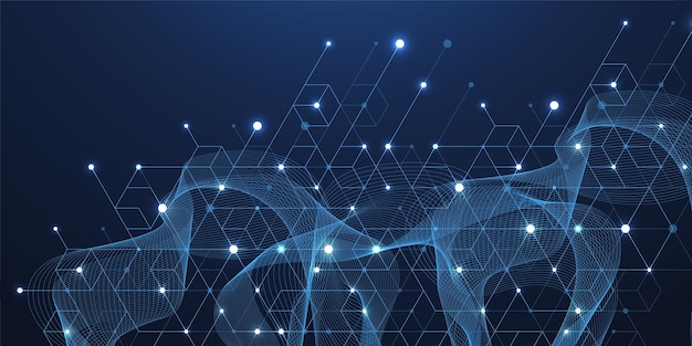 Technology abstract lines and dots connect background with hexagons Hex data visualization Vector