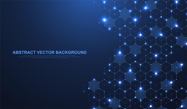Technology abstract lines and dots connect background with hexagons. Hexagons connection digital data and big data concept. Hex digital data visualization. Vector illustration.