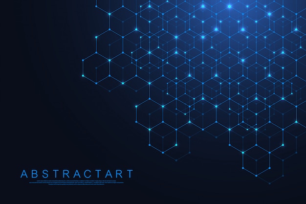 Technology abstract lines and dots connect background with hexagons. Hexagons connection digital data and big data concept. Hex digital data visualization.  .