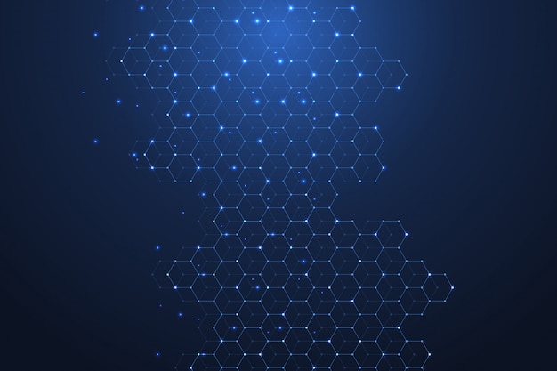 Technology abstract lines and dots connect background with hexagons. Hexagons connection digital data and big data concept. Hex digital data visualization.  .