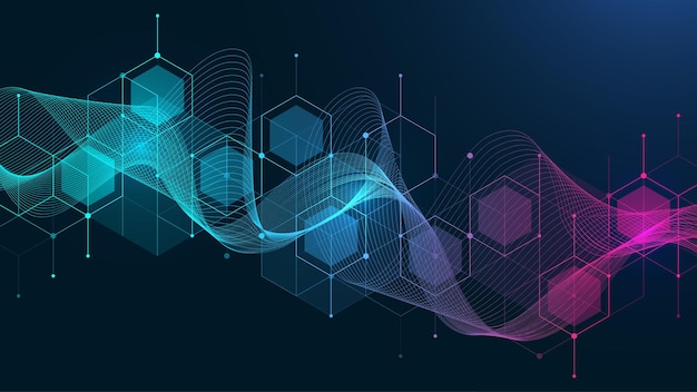 Technology abstract lines and dots connect background with hexagons