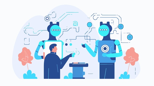 Technology and Innovation An illustration depicting a robot and a human working together on a project Android robot and scientist modern flat vector illustration