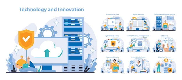 technology and innovation set digital era services and computing advances cloud storage