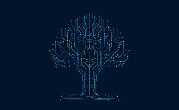 Technology big data tree network on blue background Digital circuit board internet connection Hitech