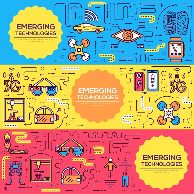 Technology cards thin line set