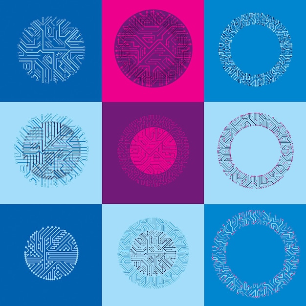 Technology communication cybernetic elements collection with arrows. Set of vector abstract circuit boards in the shape of circles.