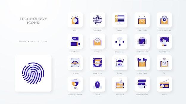 Technology icon collection with purple and orange duotone style Computing diagram download file folder graph laptop Vector illustration