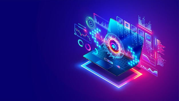 Technology of computer data analysis concept Analytics charts on screen laptop Finance business data charts and statistics graphs on computer Fintech management of digital big data analytics