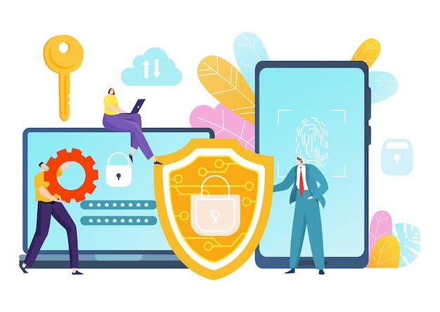 technology personal computer security software tiny character work together programmer flat vector