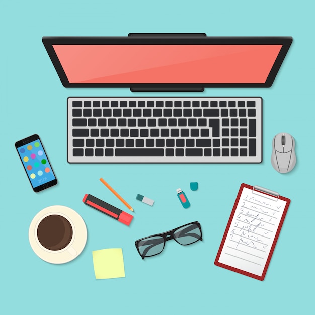 Technology workplace organization top view 