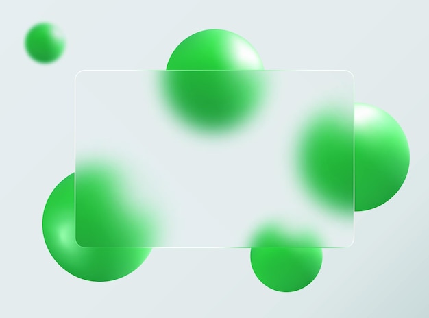 Template in glass morphism style Frosted glass screen with blurry floating green spheres