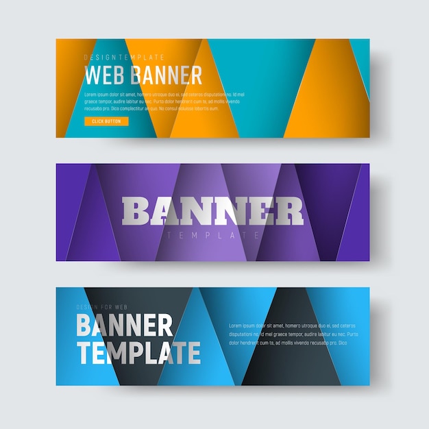 Template of horizontal web banners in the style of material design with colored floating sheets of paper intersecting into triangles.