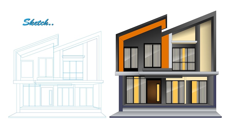Vector template of modern minimalist house design with blueprint sketch