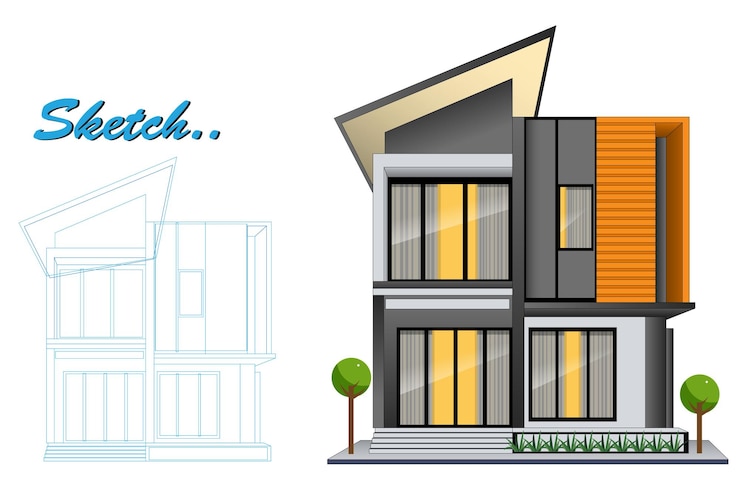 Vector template of modern minimalist house design with blueprint sketch