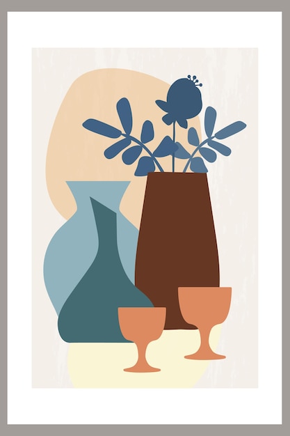 Template with abstract composition of simple shapes tropical palm leaves in a vase