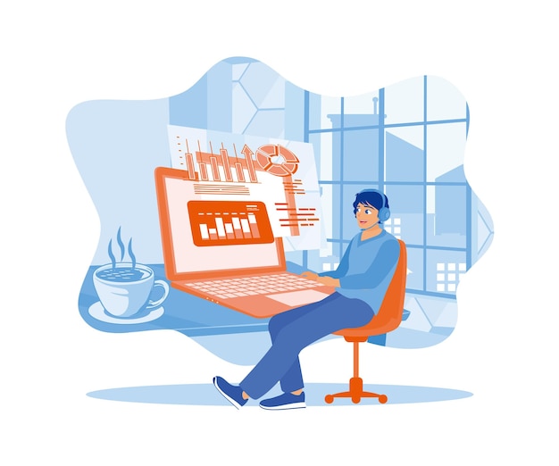 The accountant using a laptop displaying charts graphs data and business growth statistics
