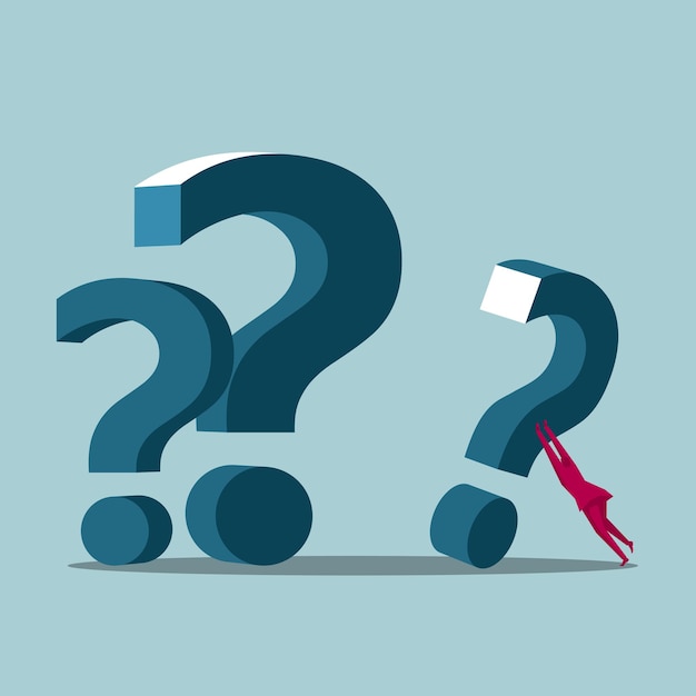 The businessman lift huge question mark. Isolated on blue background.