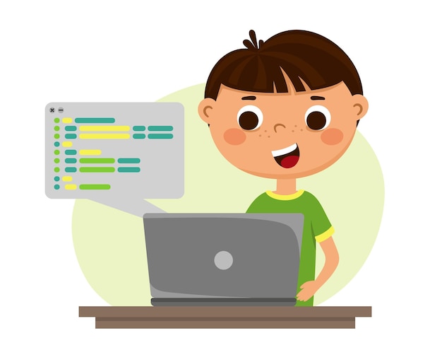 the child writes the program code children robotics programming vector illustration isolated