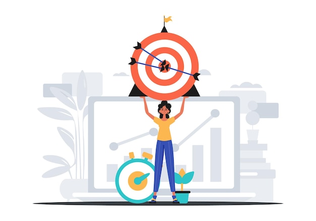 The female child holds in his hired handwrite a count with arrow that hit the concentrate digital commercialize concept Trendy style Vector Illustration
