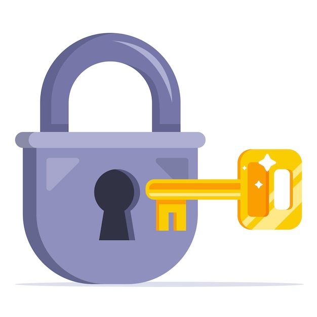 The golden key opens the padlock. flat vector illustration isolated on white background.