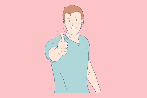 The handsome man with thumbs up in happy emotional soft color flat vector illustration