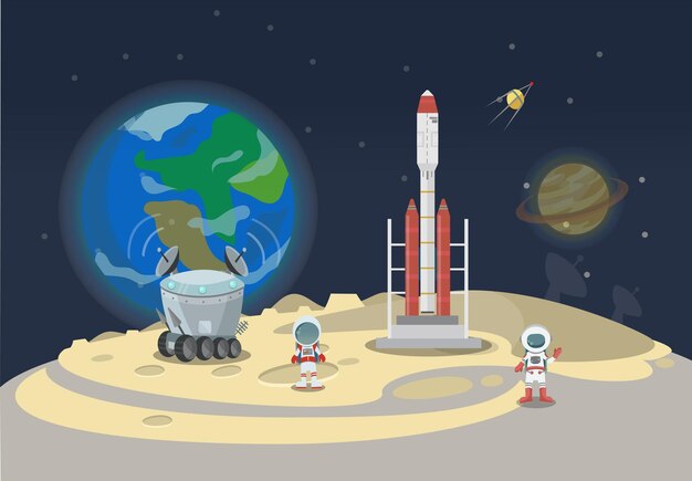 the man on mars against the background of shuttles spacecraft and satellites vector illustration