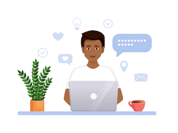 the man works at the computer remote work freelance home office programming education