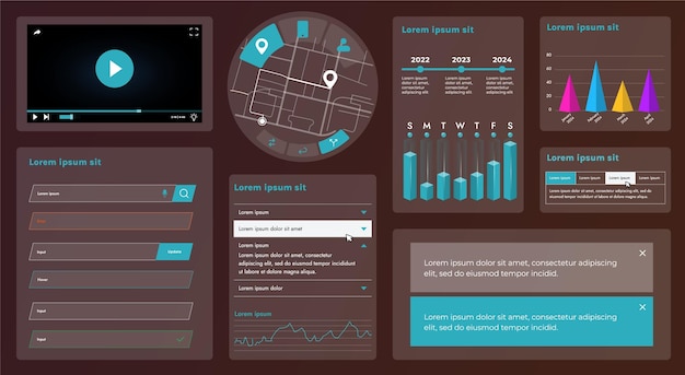 the picture shows the interface of a web application or site consisting of navigation elements buttons and various components design includes menu search form icons and vector graphics