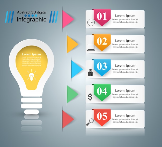 Thiết kế infographic. Bóng đèn, biểu tượng Ánh sáng.