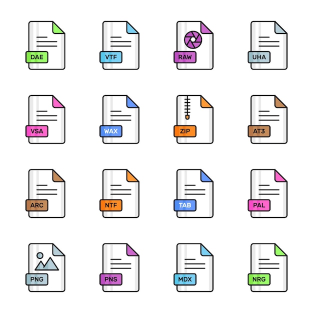 This image displays a set of colorful file format icons each representing a different file type
