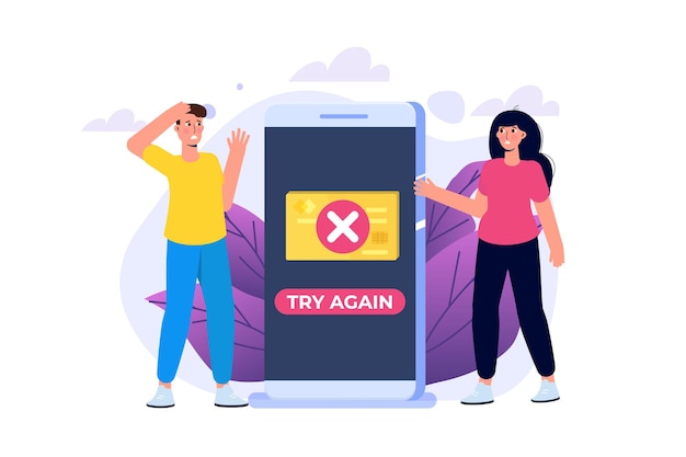 Thông báo lỗi thanh toán trên điện thoại thông minh. Khách hàng đánh dấu lỗi. Hình ảnh vector minh họa.