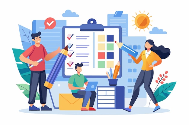 Three colleagues are working together in an office setting They are using a large checklist and spreadsheet to complete tasks